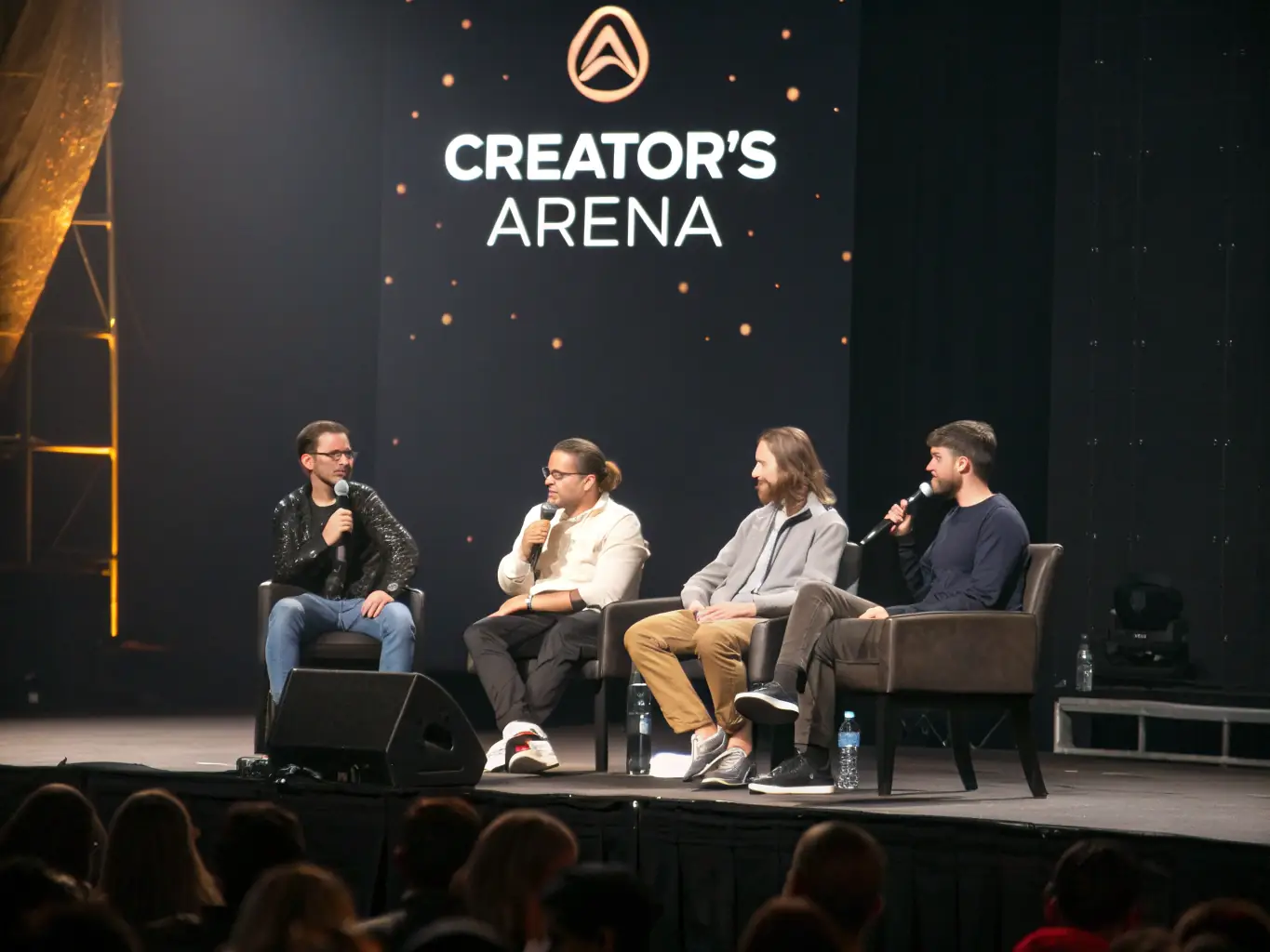 A high-quality image featuring a panel discussion at a Creator's Arena networking event, with creators sharing insights and experiences, set against a backdrop of elegant branding.