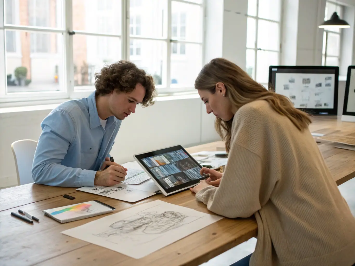 Two creators working together on a digital art project in a high-end studio, highlighting the collaborative aspect of the platform.