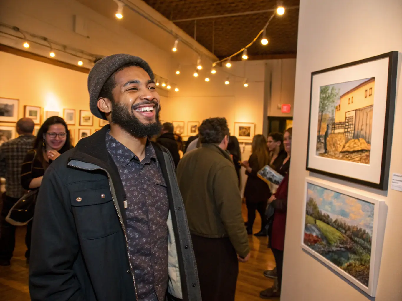 A creator showcasing their artwork in a sophisticated gallery setting, emphasizing the platform's focus on talent display.