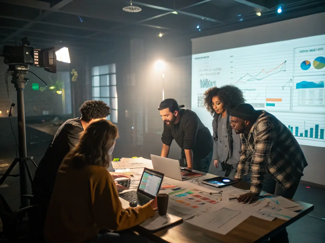 A diverse group of creators brainstorming ideas in a modern, luxurious co-working space, emphasizing collaboration and innovation.